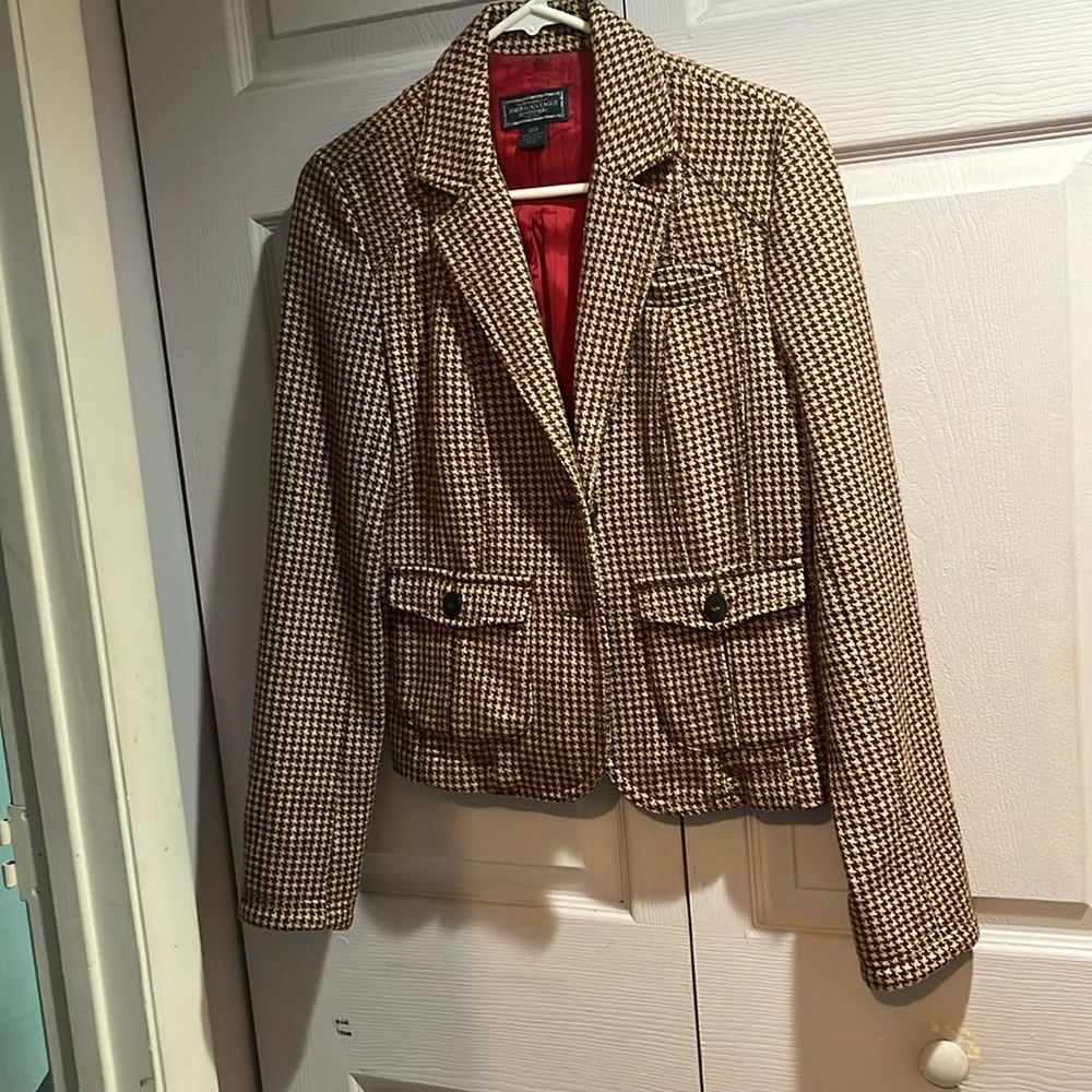 American Eagle Outfitters, brown and cream herringbone patterned jacket.